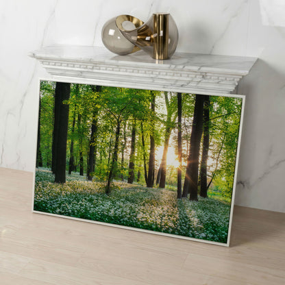 Sunny Forest Sunset with Wildflowers Canvas in white floating frame