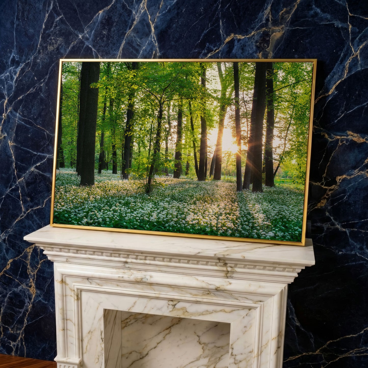 Sunny Forest Sunset with Wildflowers Canvas in yellow gold floating frame