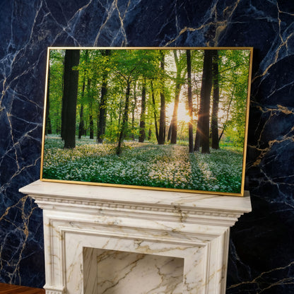 Sunny Forest Sunset with Wildflowers Canvas in yellow gold floating frame