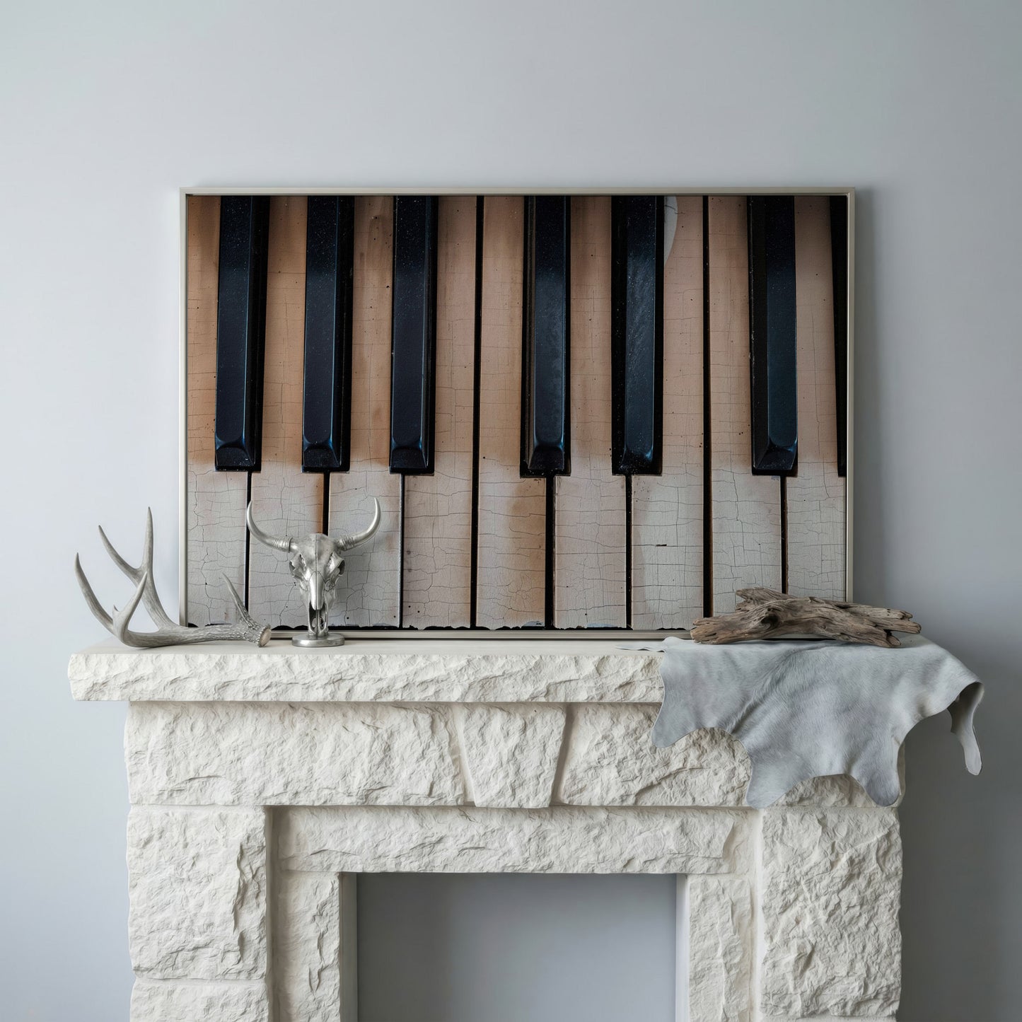 Vintage Piano Keys Canvas Print in silver floating frame