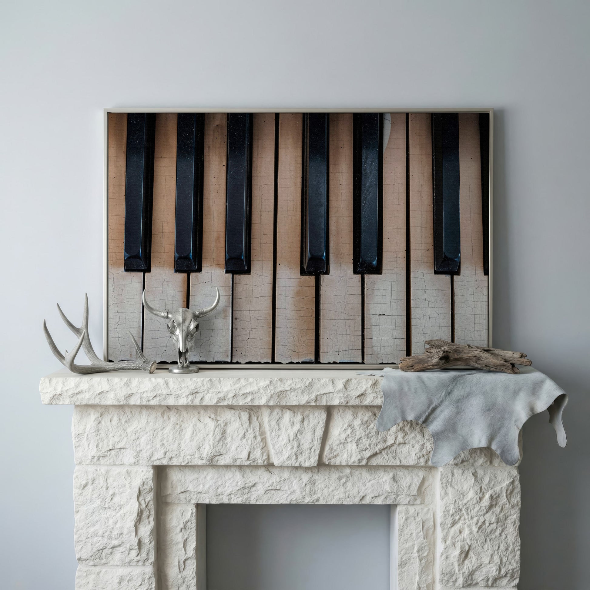 Vintage Piano Keys Canvas Print in silver floating frame