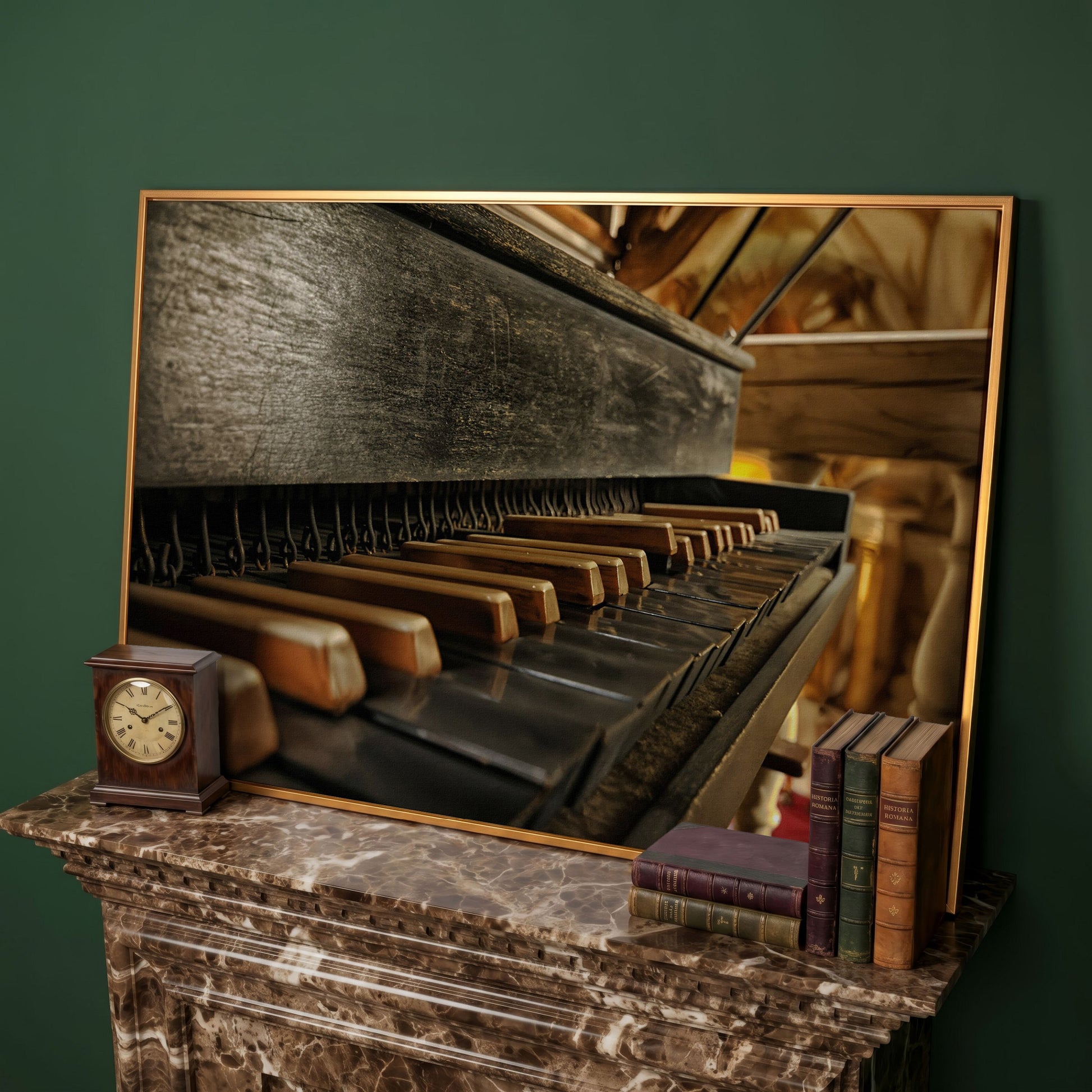 Antique Grand Piano Keys Canvas Print in antique gold floating frame