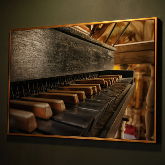 Antique Grand Piano Keys Canvas Print shown in antique gold floating frame