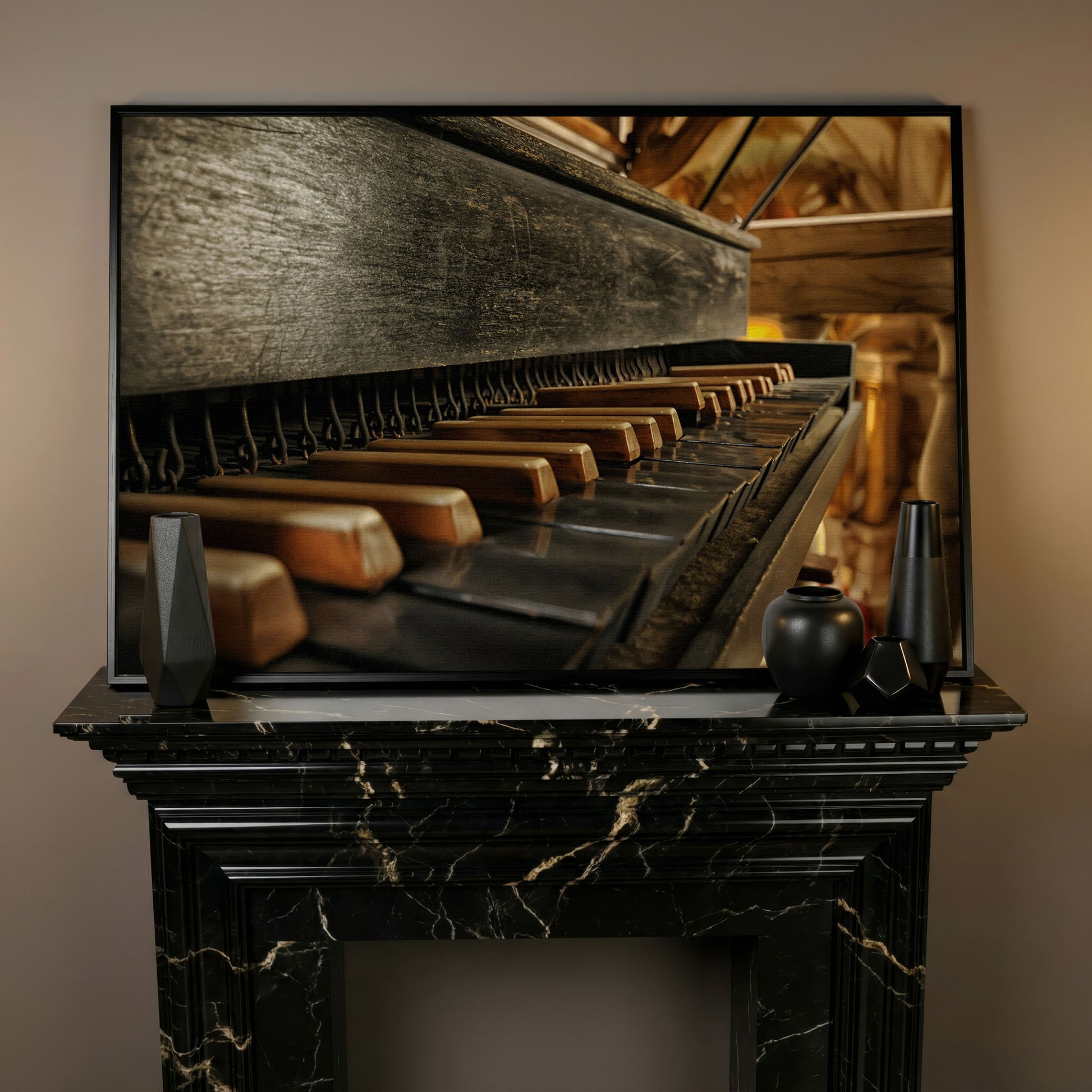 Antique Grand Piano Keys Canvas Print in black floating frame