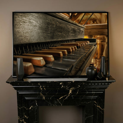 Antique Grand Piano Keys Canvas Print in black floating frame
