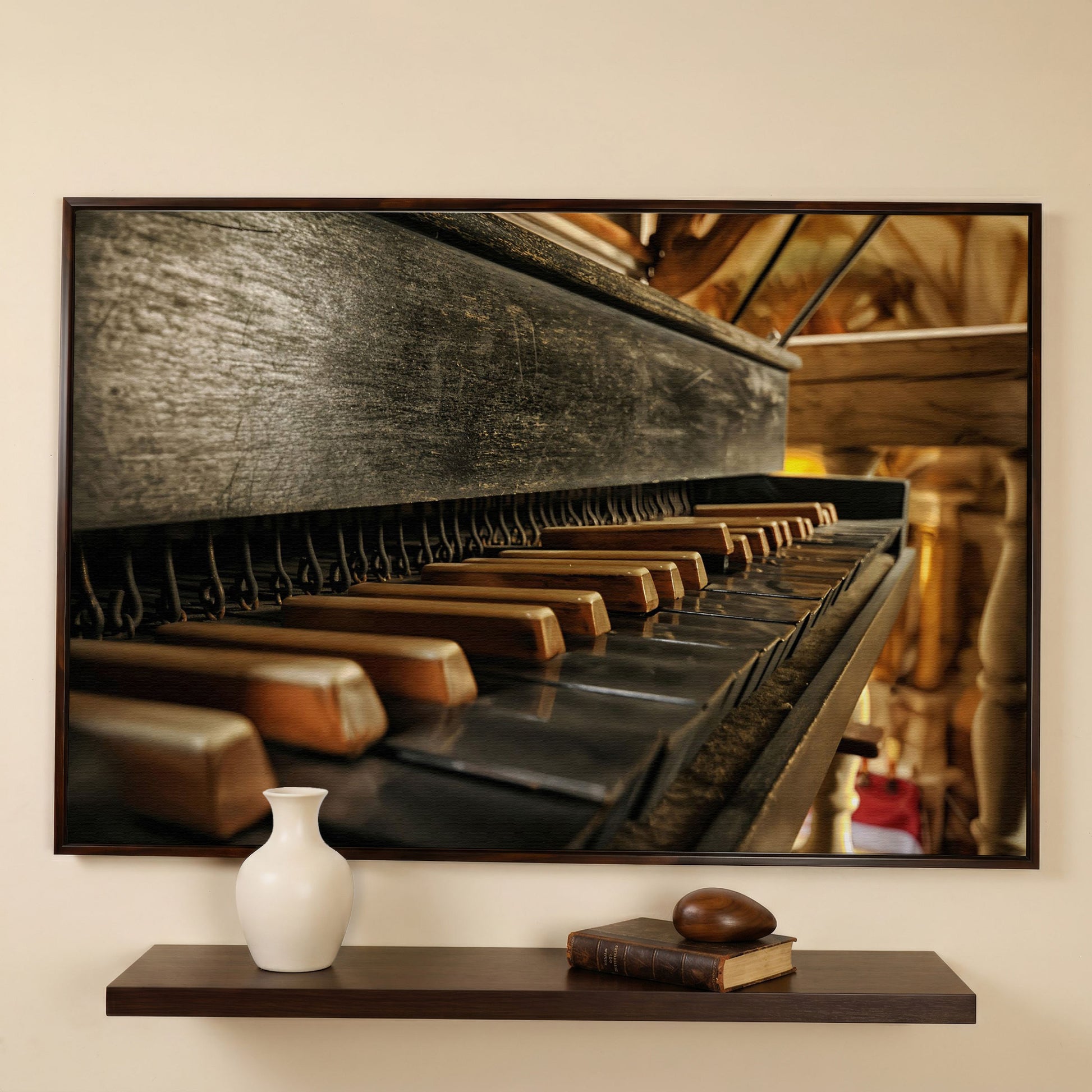 Antique Grand Piano Keys Canvas Print in dark walnut floating frame