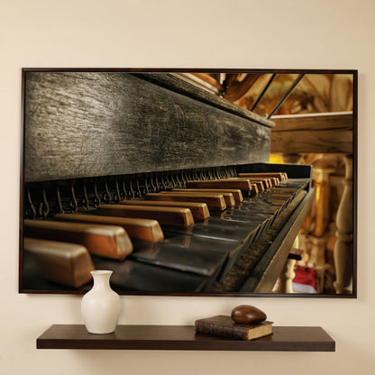 Antique Grand Piano Keys Canvas Print in dark walnut floating frame