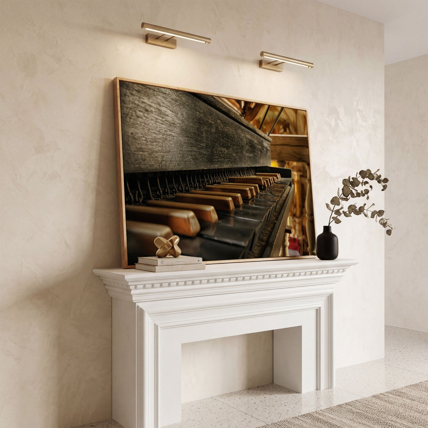 Antique Grand Piano Keys Canvas Print in white oak floating frame