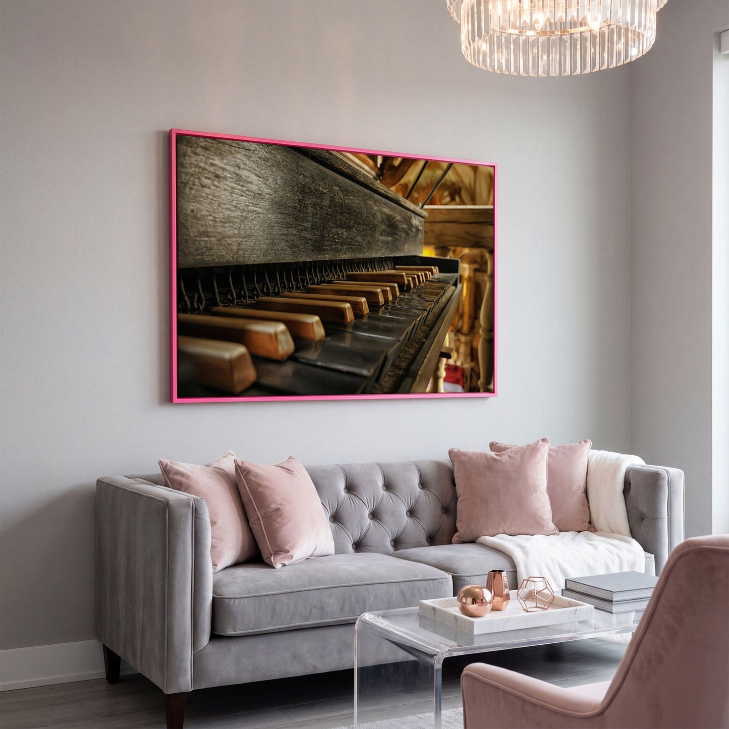 Antique Grand Piano Keys Canvas Print in pink floating frame