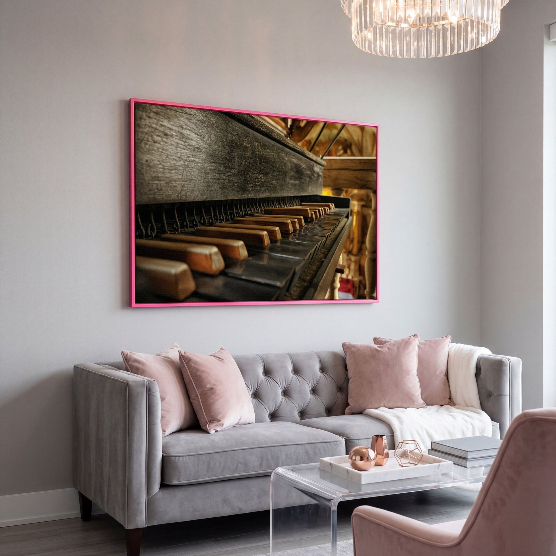 Antique Grand Piano Keys Canvas Print in pink floating frame