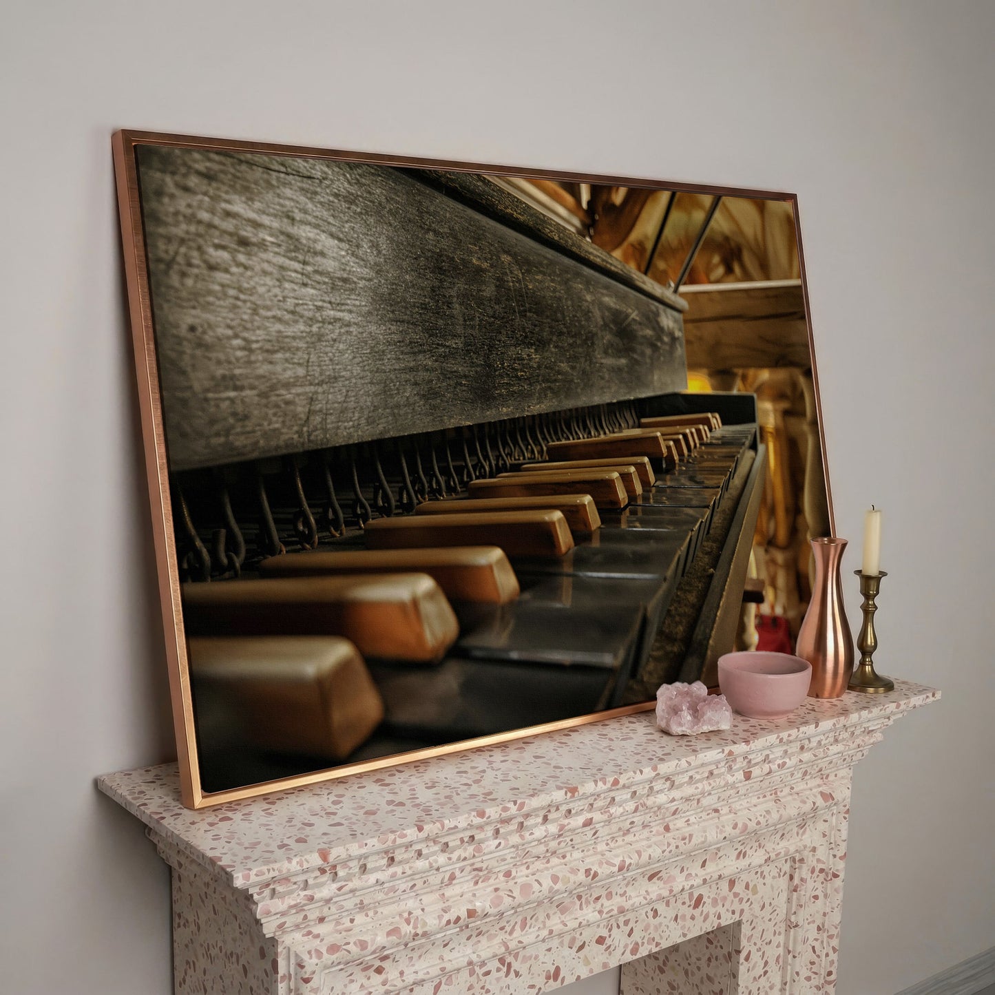 Antique Grand Piano Keys Canvas Print in rose gold floating frame