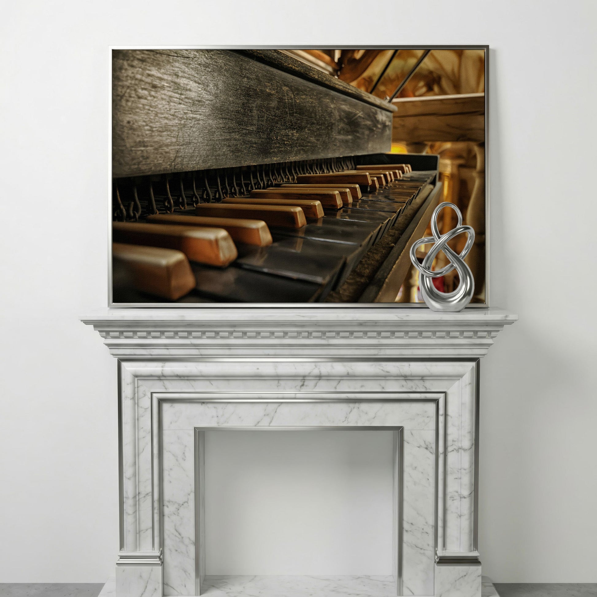 Antique Grand Piano Keys Canvas Print in silver floating frame