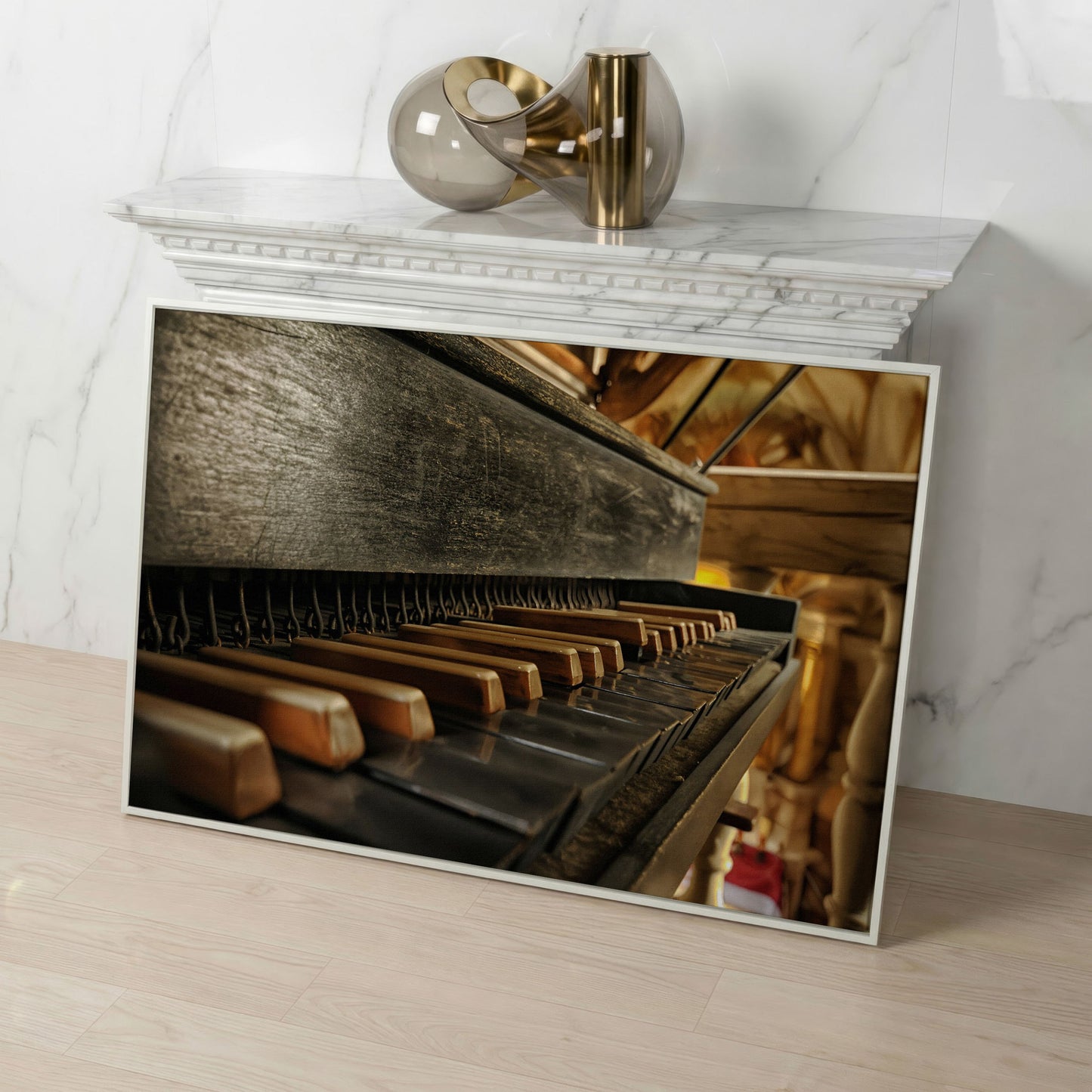 Antique Grand Piano Keys Canvas Print in white floating frame