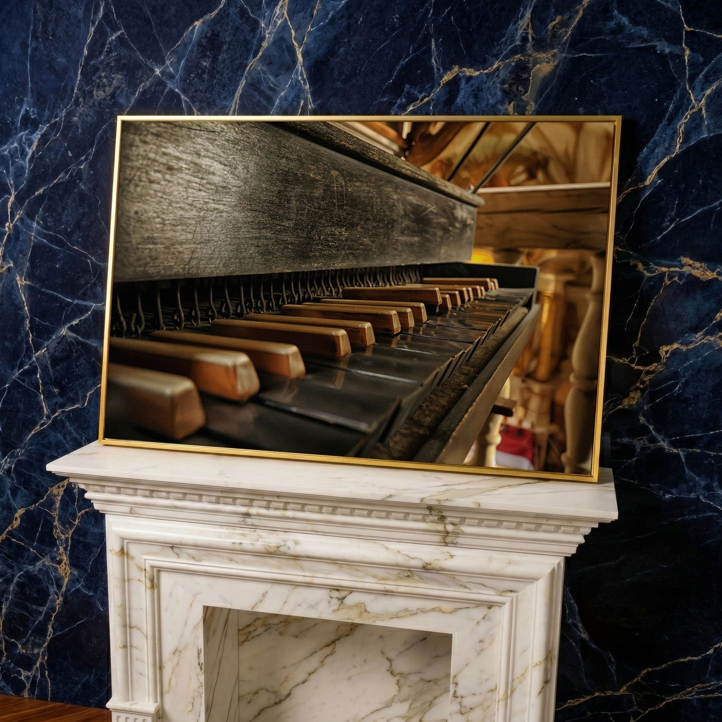 Antique Grand Piano Keys Canvas Print in yellow gold floating frame