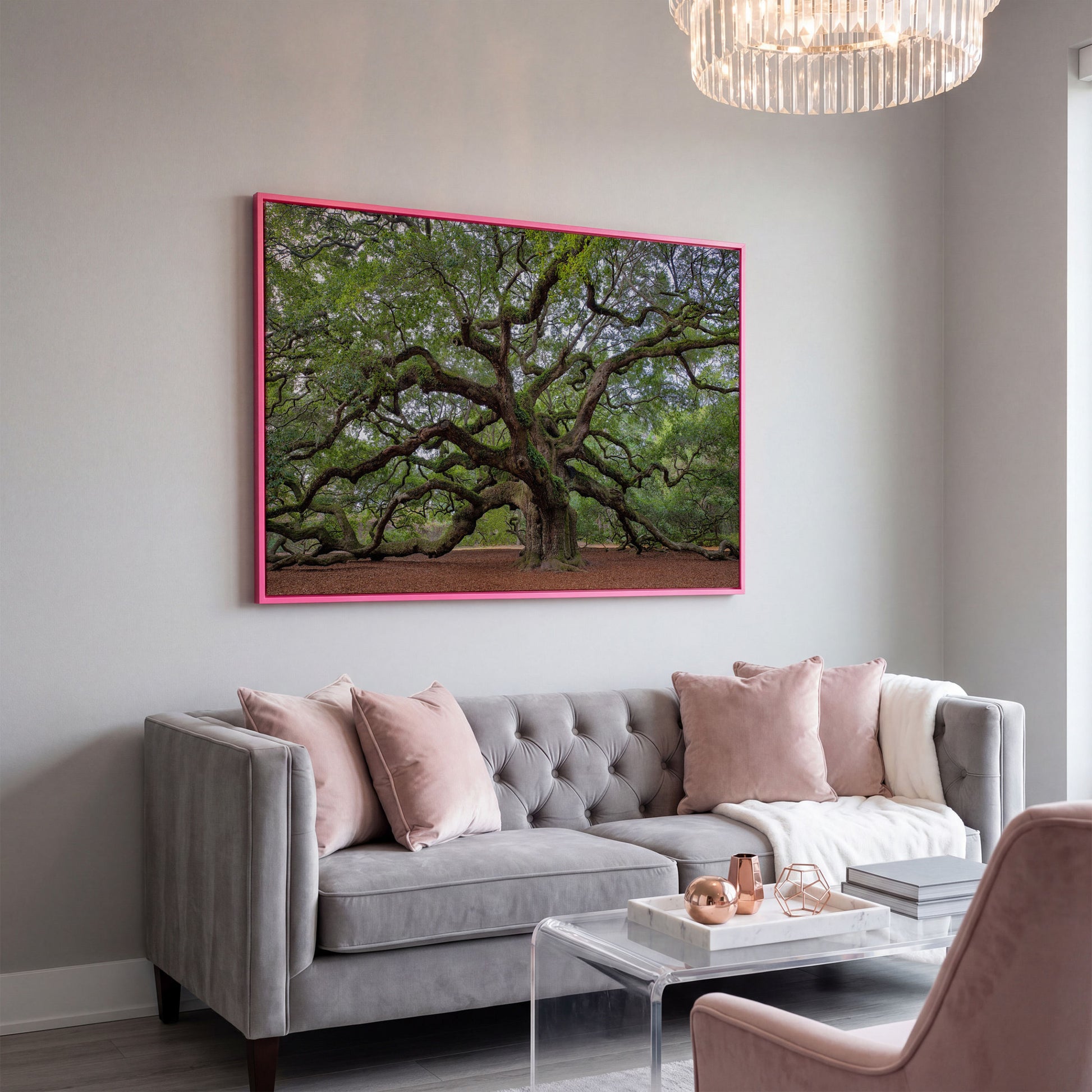 Old Southern Live Oak Canvas Print in pink floating frame