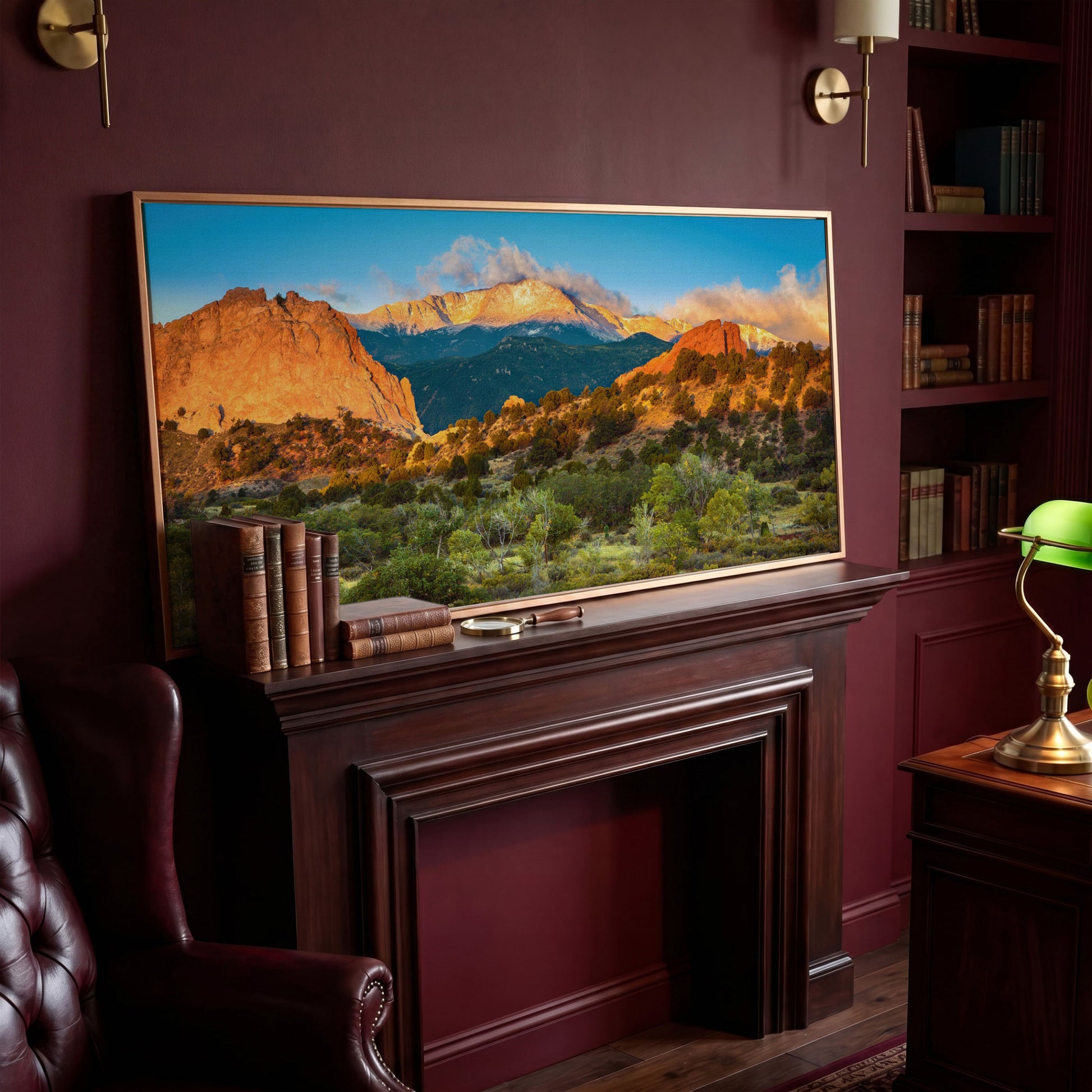 Garden of the Gods Sunrise Canvas in antique gold floating frame