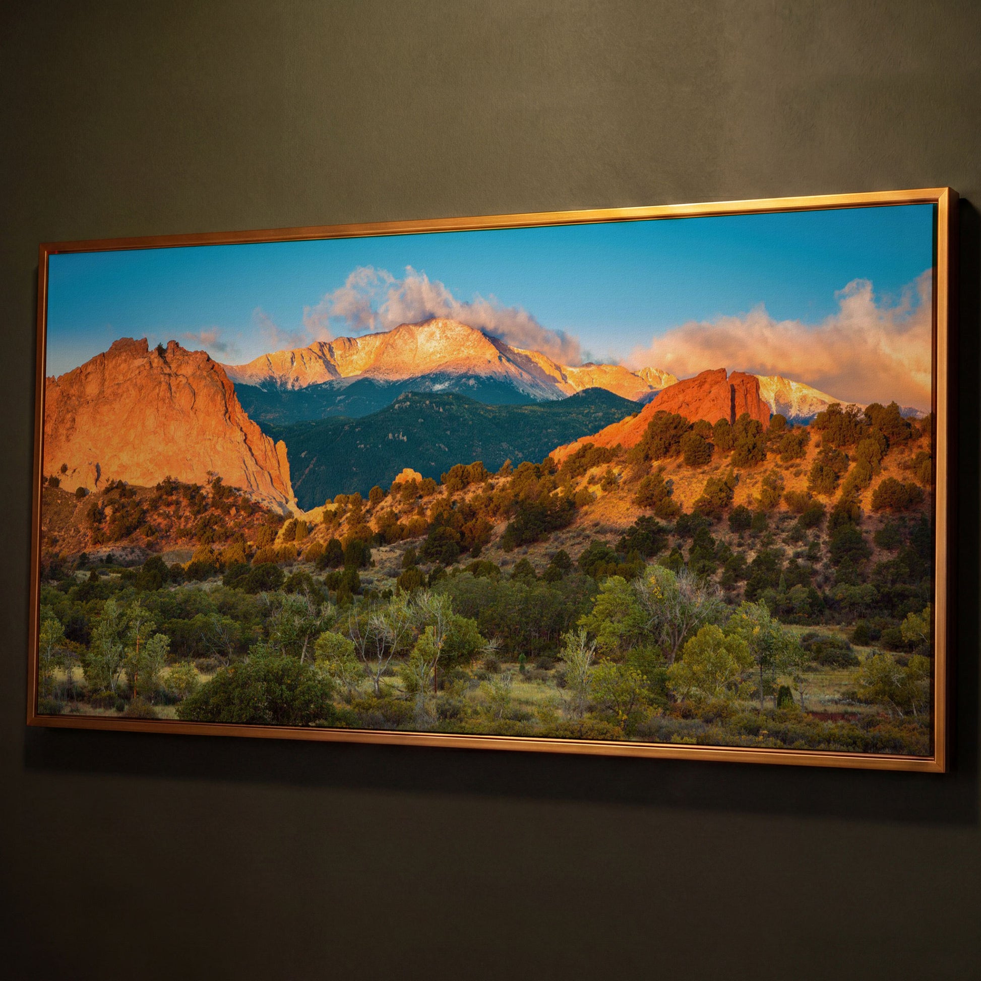 Garden of the Gods Sunrise Canvas shown in antique gold floating frame