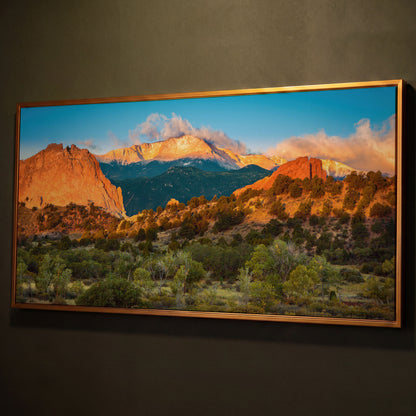 Garden of the Gods Sunrise Canvas shown in antique gold floating frame