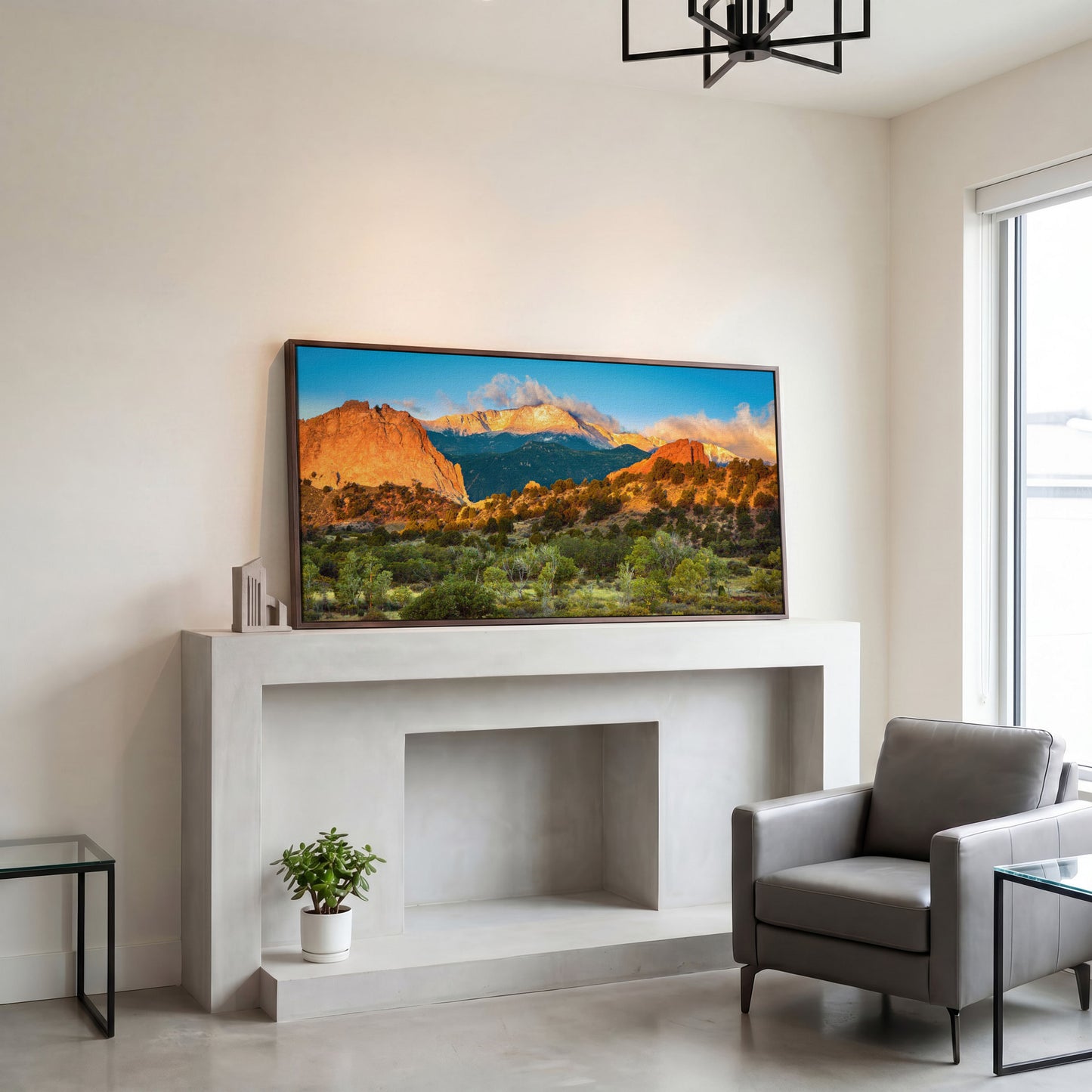 Garden of the Gods Sunrise Canvas in dark walnut floating frame