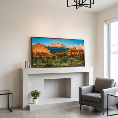 Garden of the Gods Sunrise Canvas in dark walnut floating frame