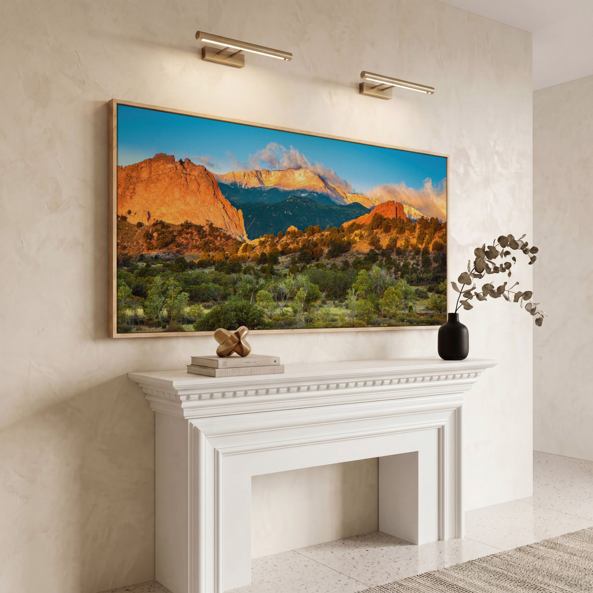 Garden of the Gods Sunrise Canvas in white oak floating frame