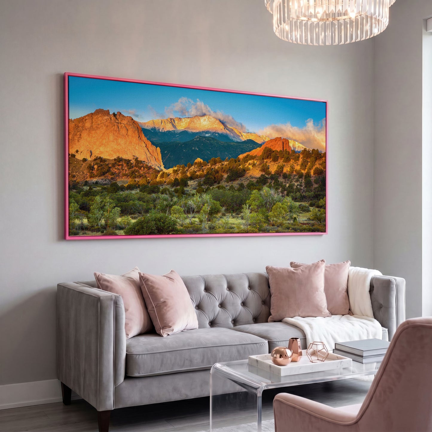 Garden of the Gods Sunrise Canvas in pink floating frame