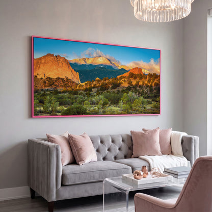 Garden of the Gods Sunrise Canvas in pink floating frame