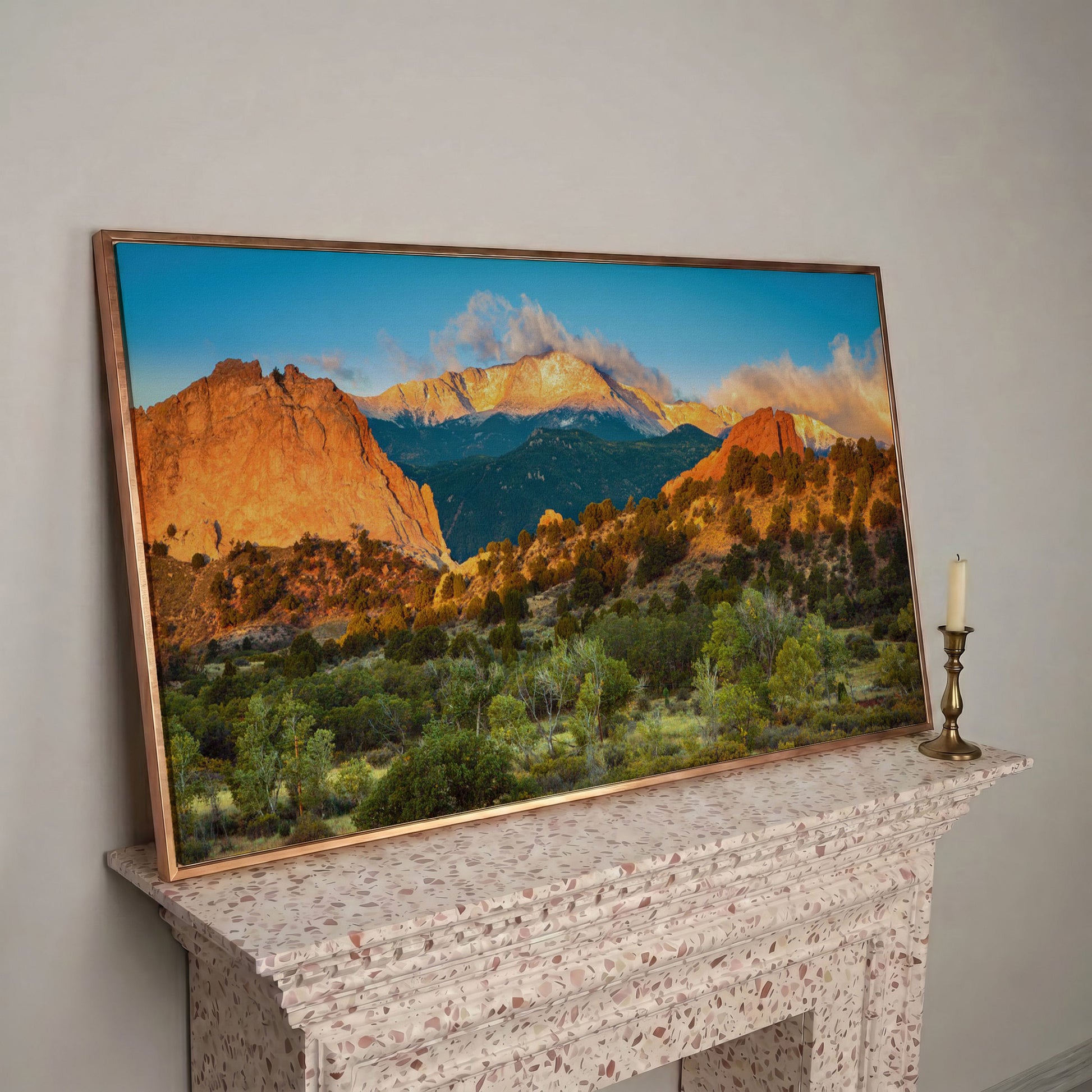 Garden of the Gods Sunrise Canvas in rose gold floating frame