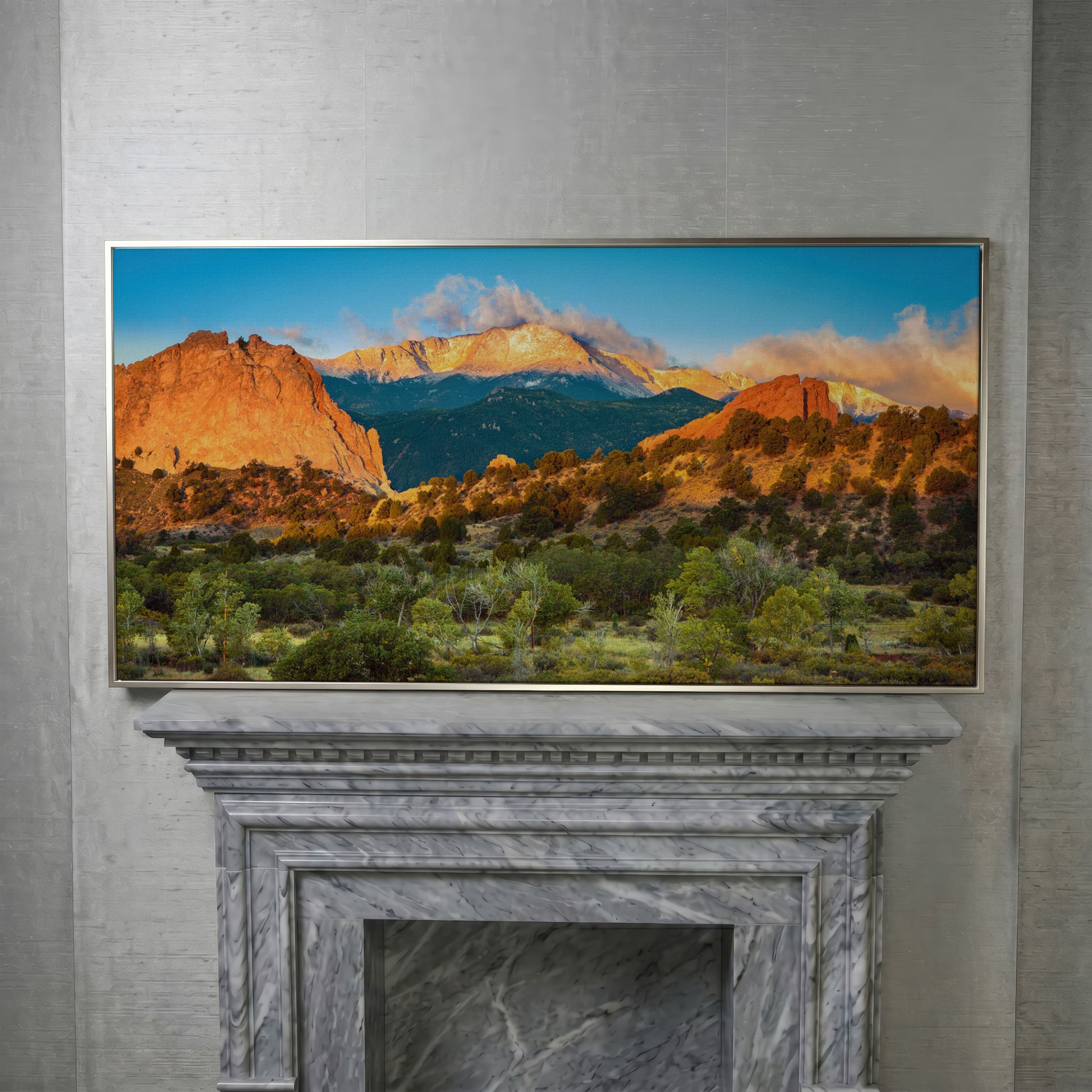 Garden of the Gods Sunrise Canvas in silver floating frame