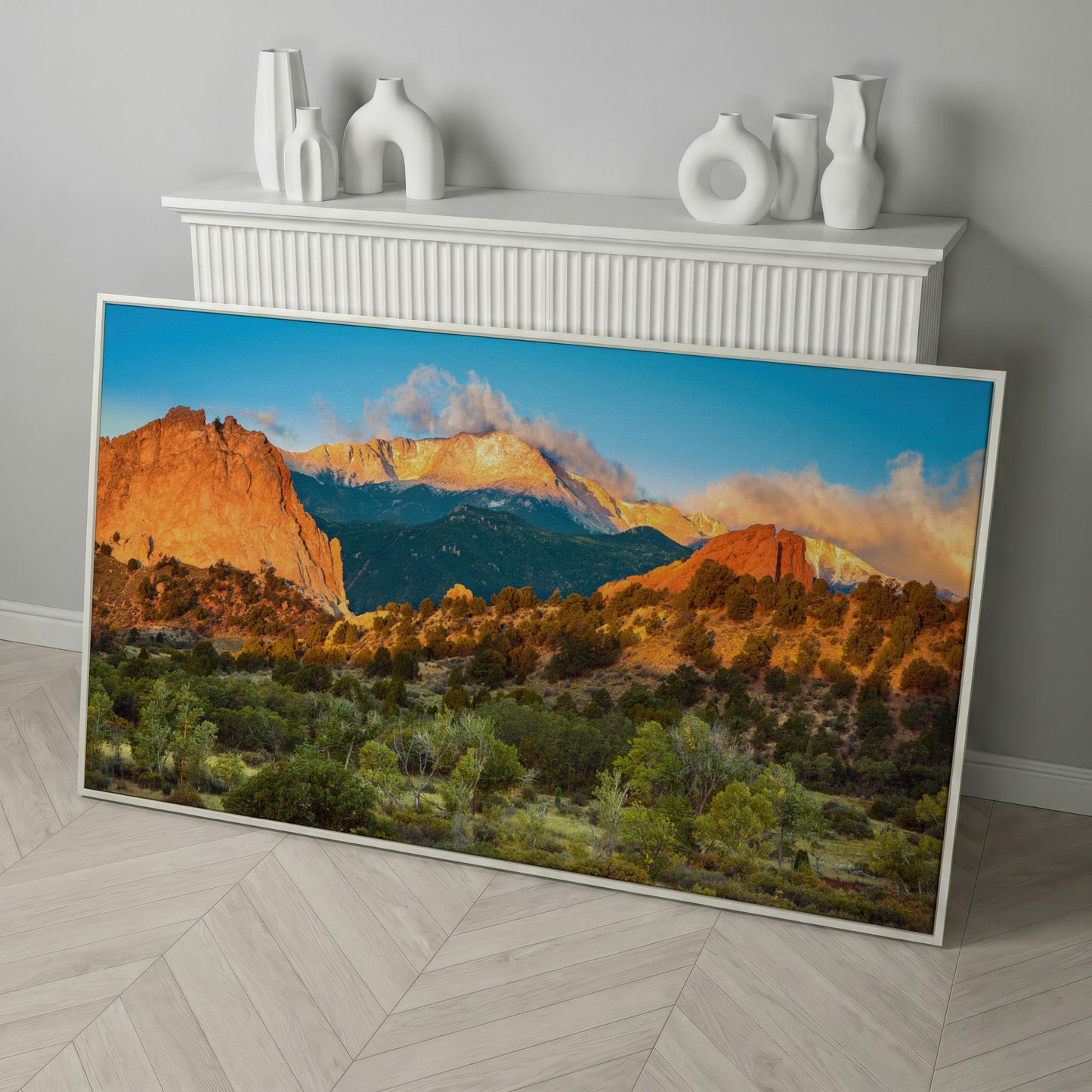 Garden of the Gods Sunrise Canvas in white floating frame