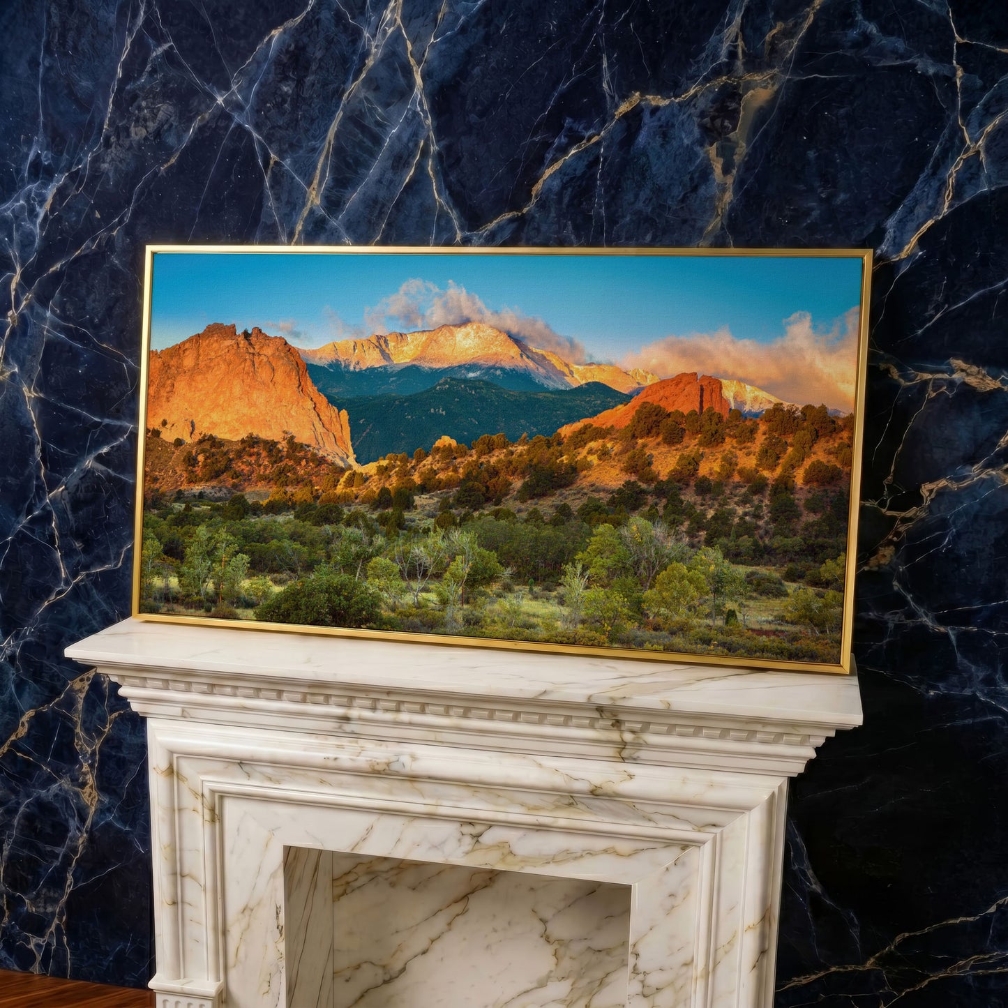 Garden of the Gods Sunrise Canvas in yellow gold floating frame