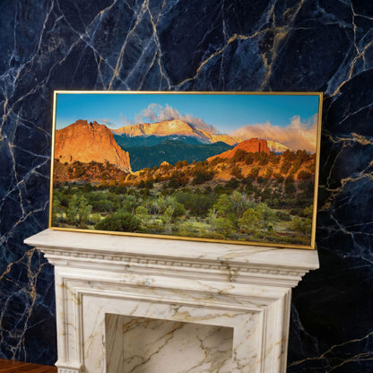Garden of the Gods Sunrise Canvas in yellow gold floating frame