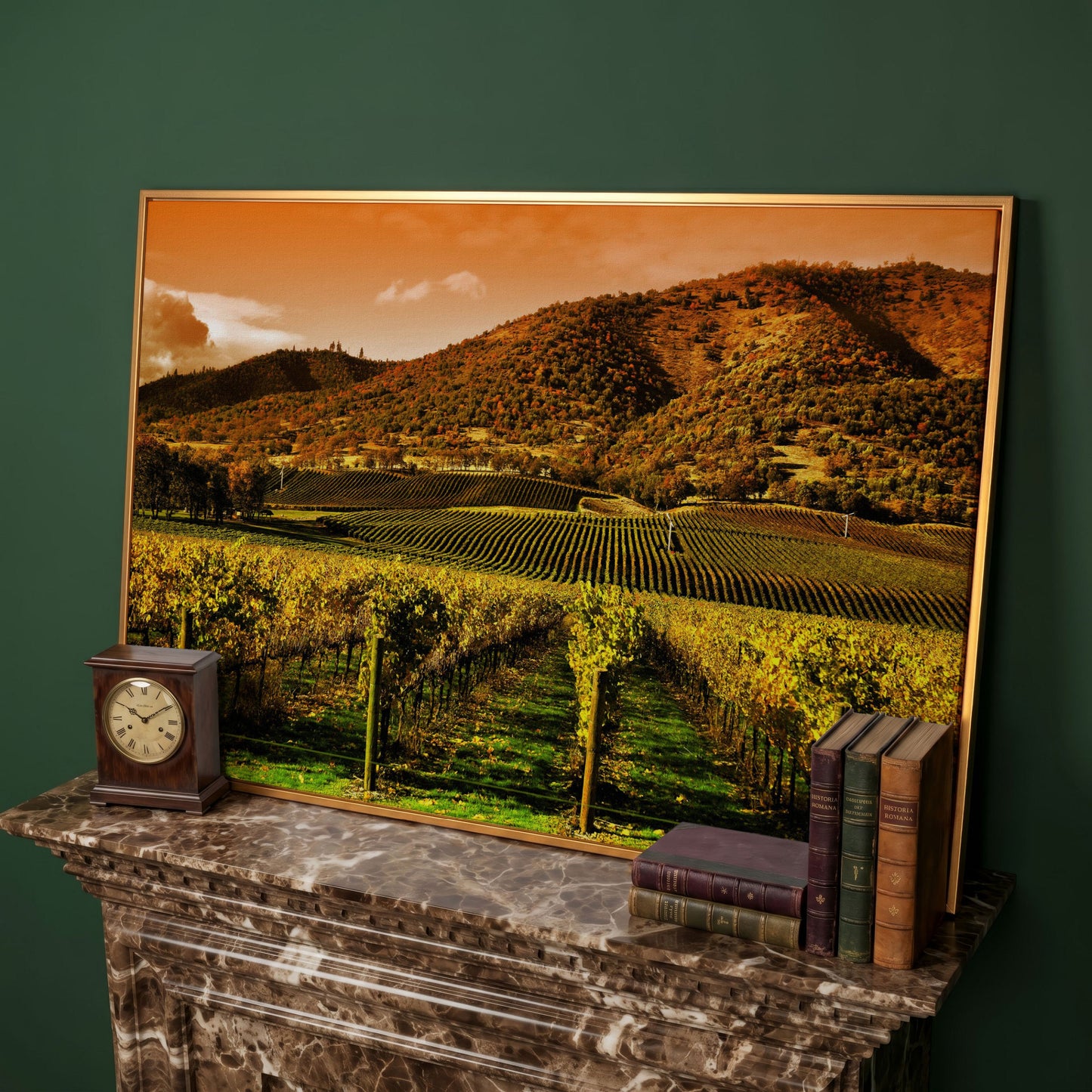 Tuscany Vineyard at Sunset Canvas Print in antique gold floating frame