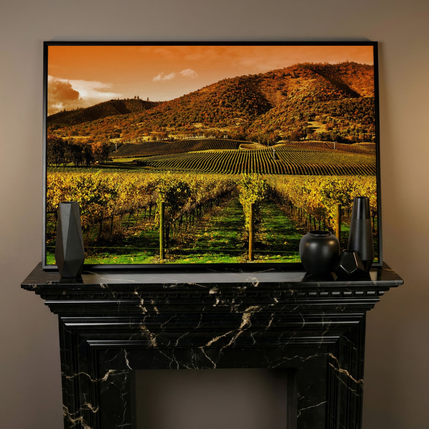 Tuscany Vineyard at Sunset Canvas Print in black floating frame