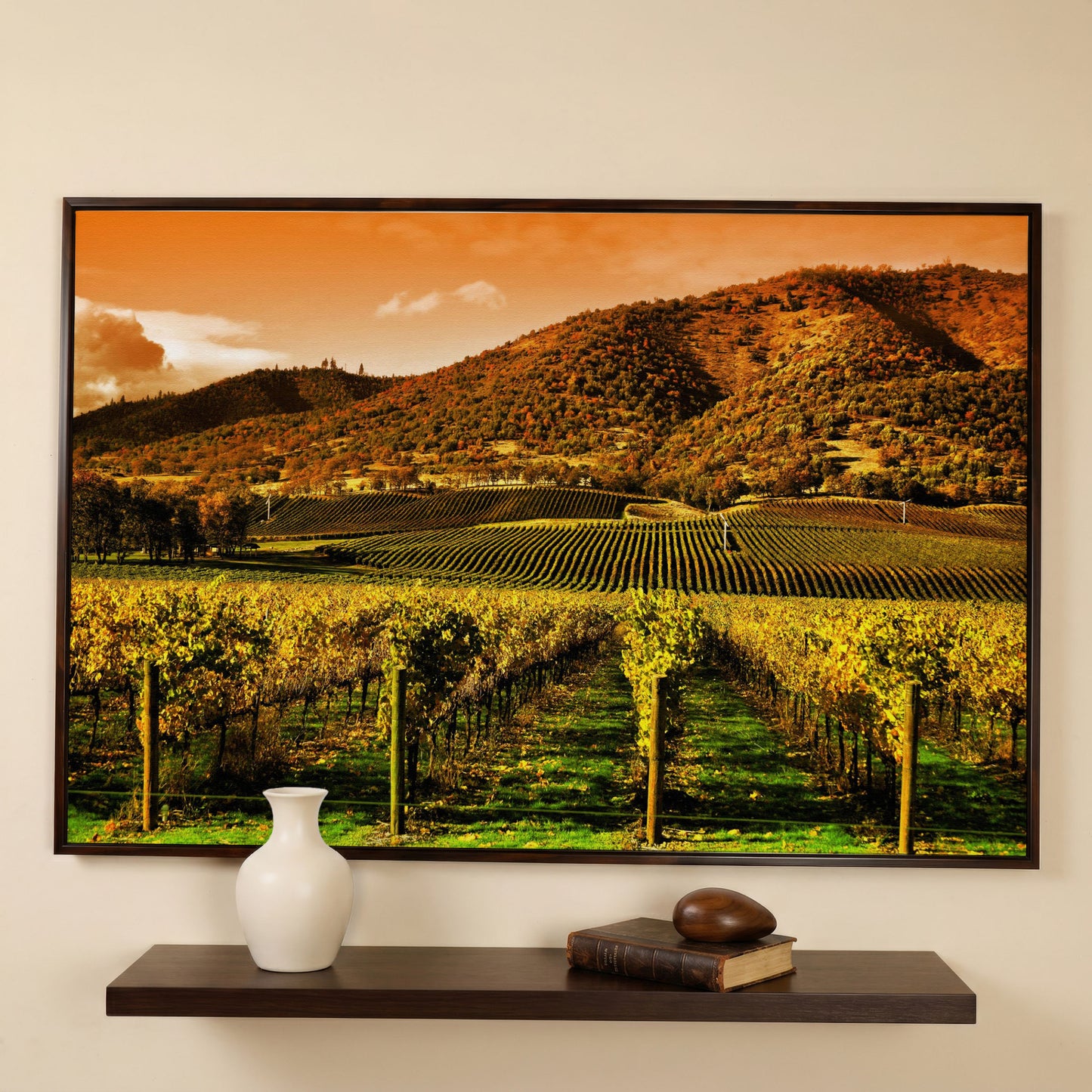 Tuscany Vineyard at Sunset Canvas Print in dark walnut floating frame