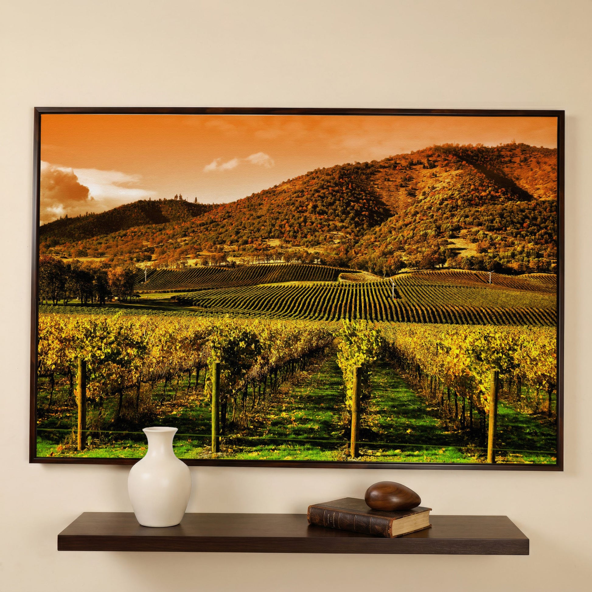 Tuscany Vineyard at Sunset Canvas Print in dark walnut floating frame