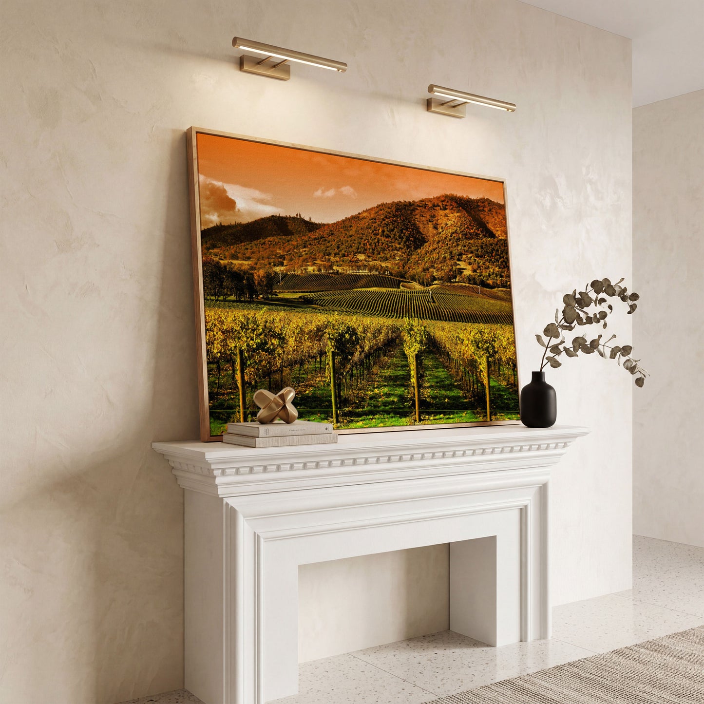 Tuscany Vineyard at Sunset Canvas Print in white oak floating frame