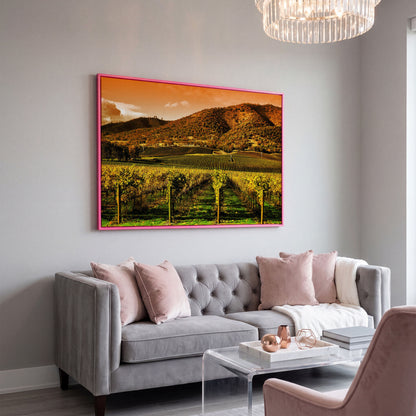Tuscany Vineyard at Sunset Canvas Print in pink floating frame