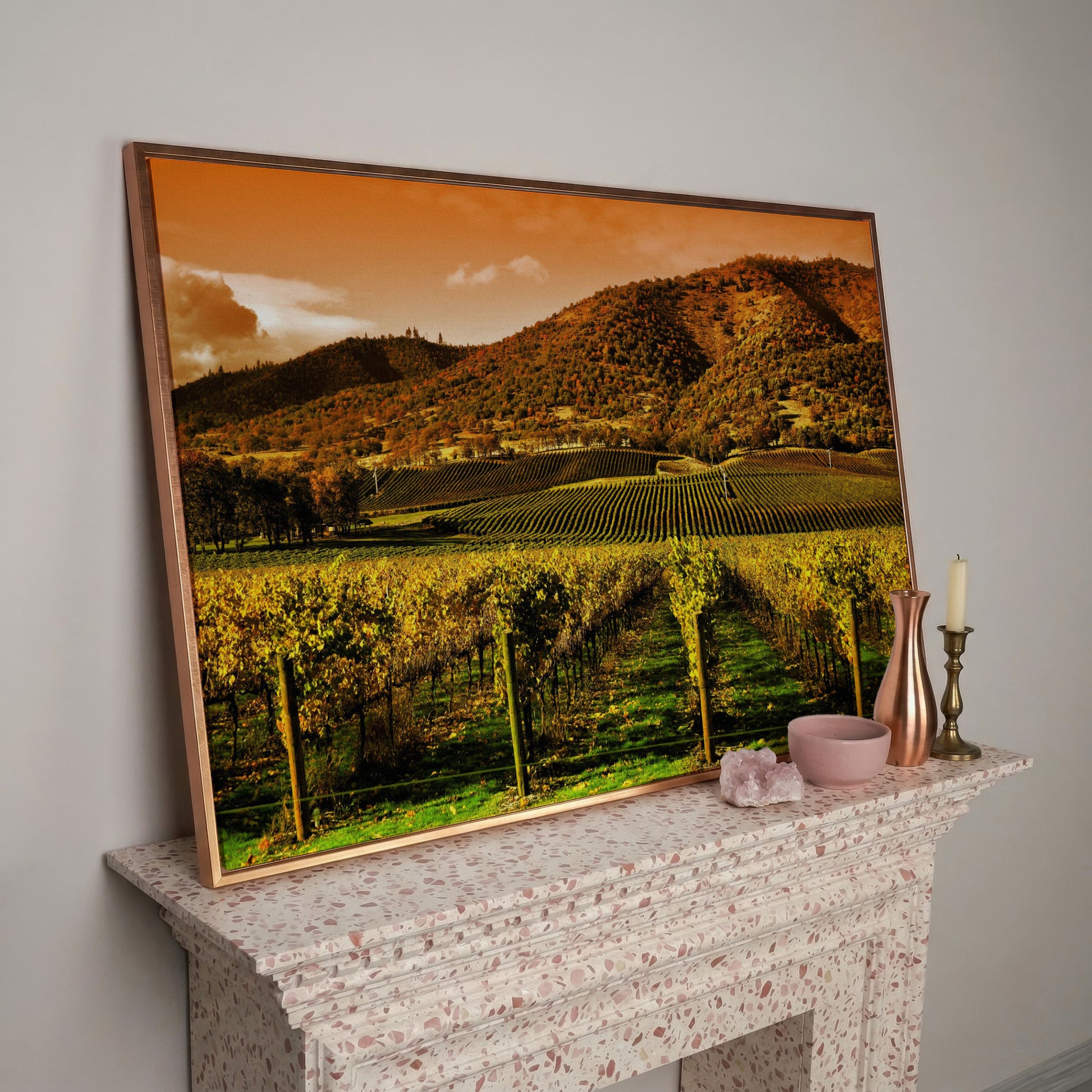 Tuscany Vineyard at Sunset Canvas Print in rose gold floating frame