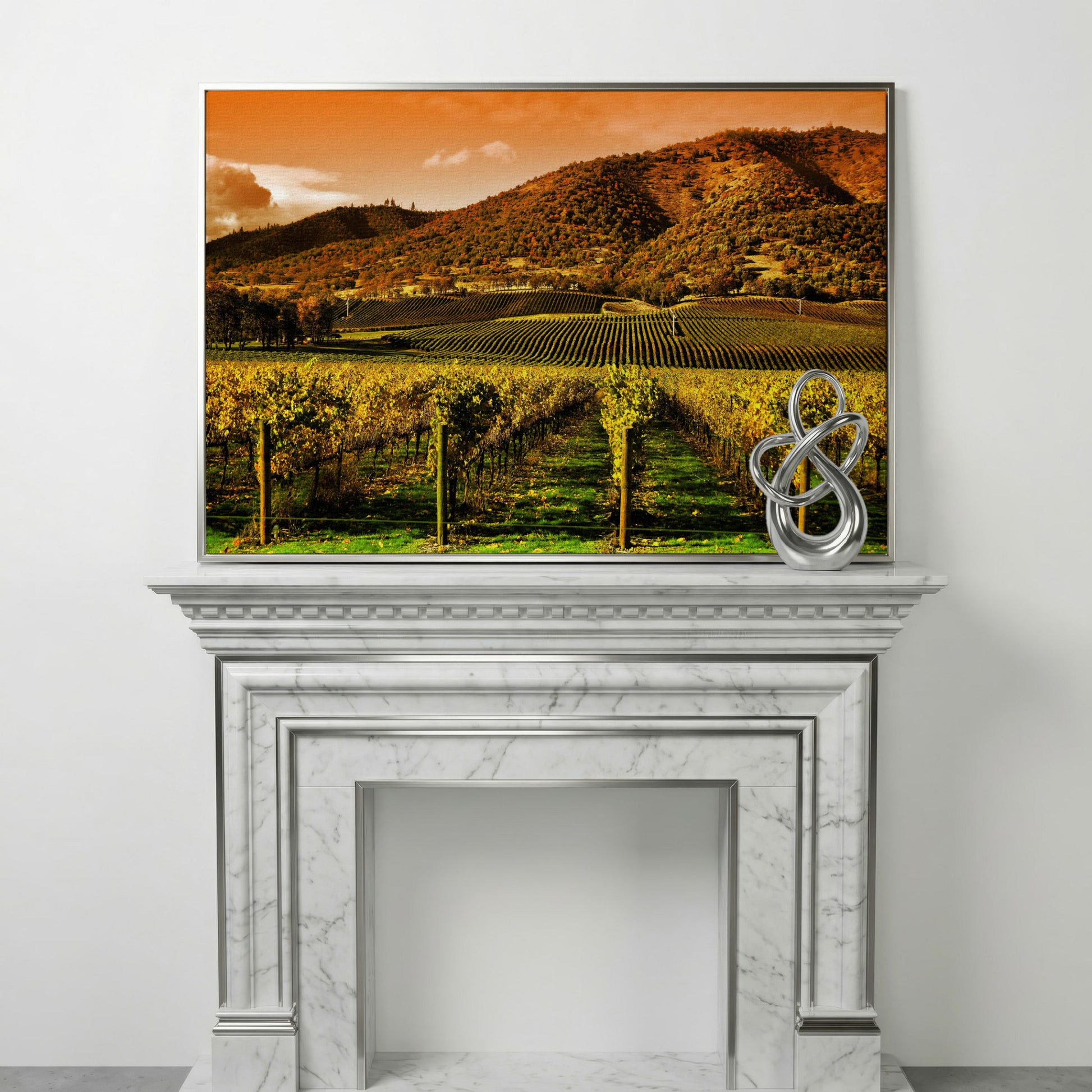 Tuscany Vineyard at Sunset Canvas Print in silver floating frame