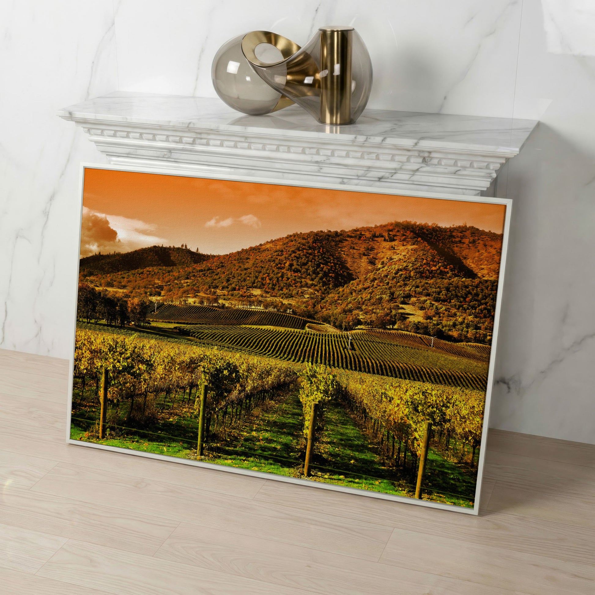Tuscany Vineyard at Sunset Canvas Print in white floating frame