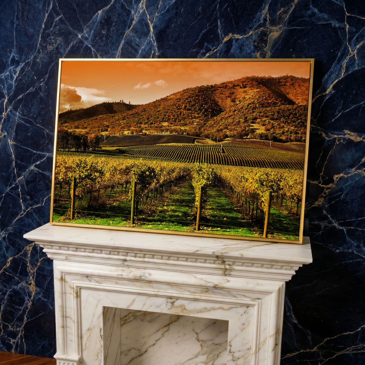 Tuscany Vineyard at Sunset Canvas Print in yellow gold floating frame