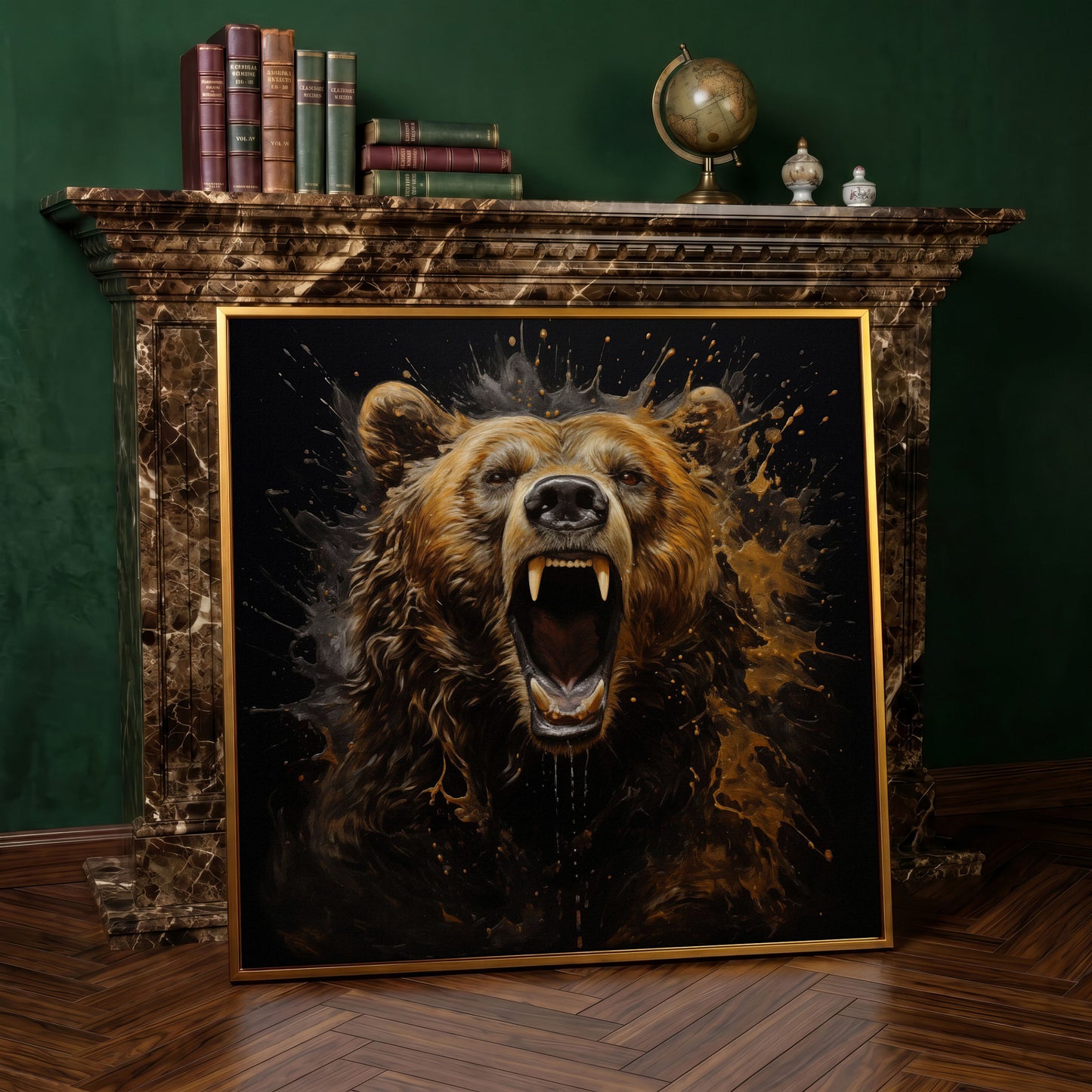 Ferocious Grizzly Roar Canvas in antique gold floating frame