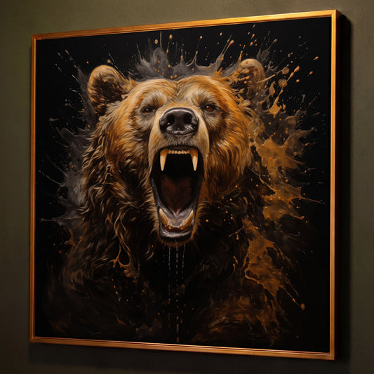 Ferocious Grizzly Roar Canvas shown in antique gold floating frame