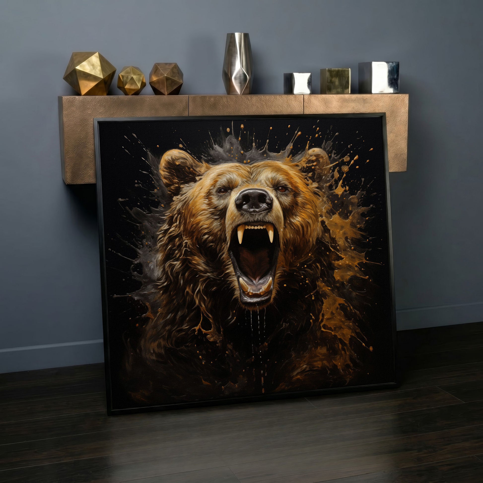 Ferocious Grizzly Roar Canvas in black floating frame