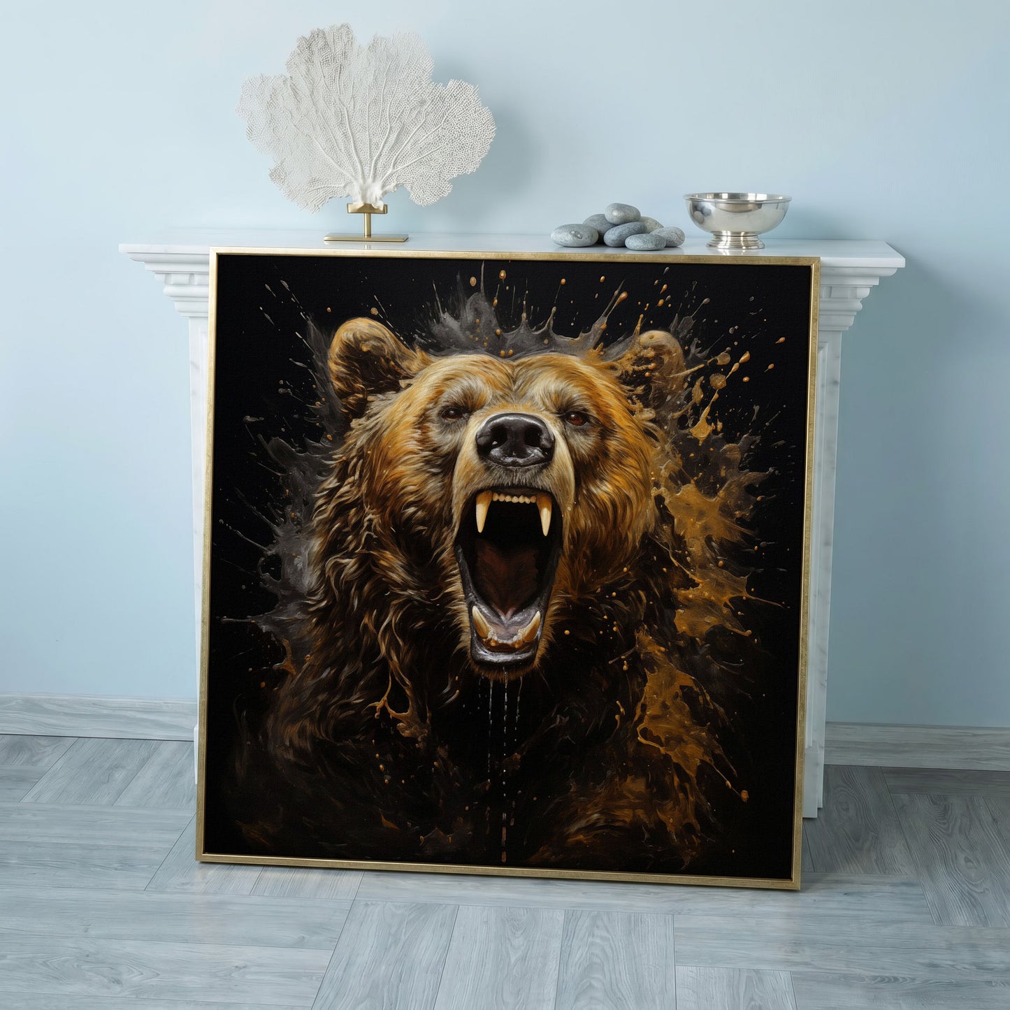 Ferocious Grizzly Roar Canvas in rose gold floating frame