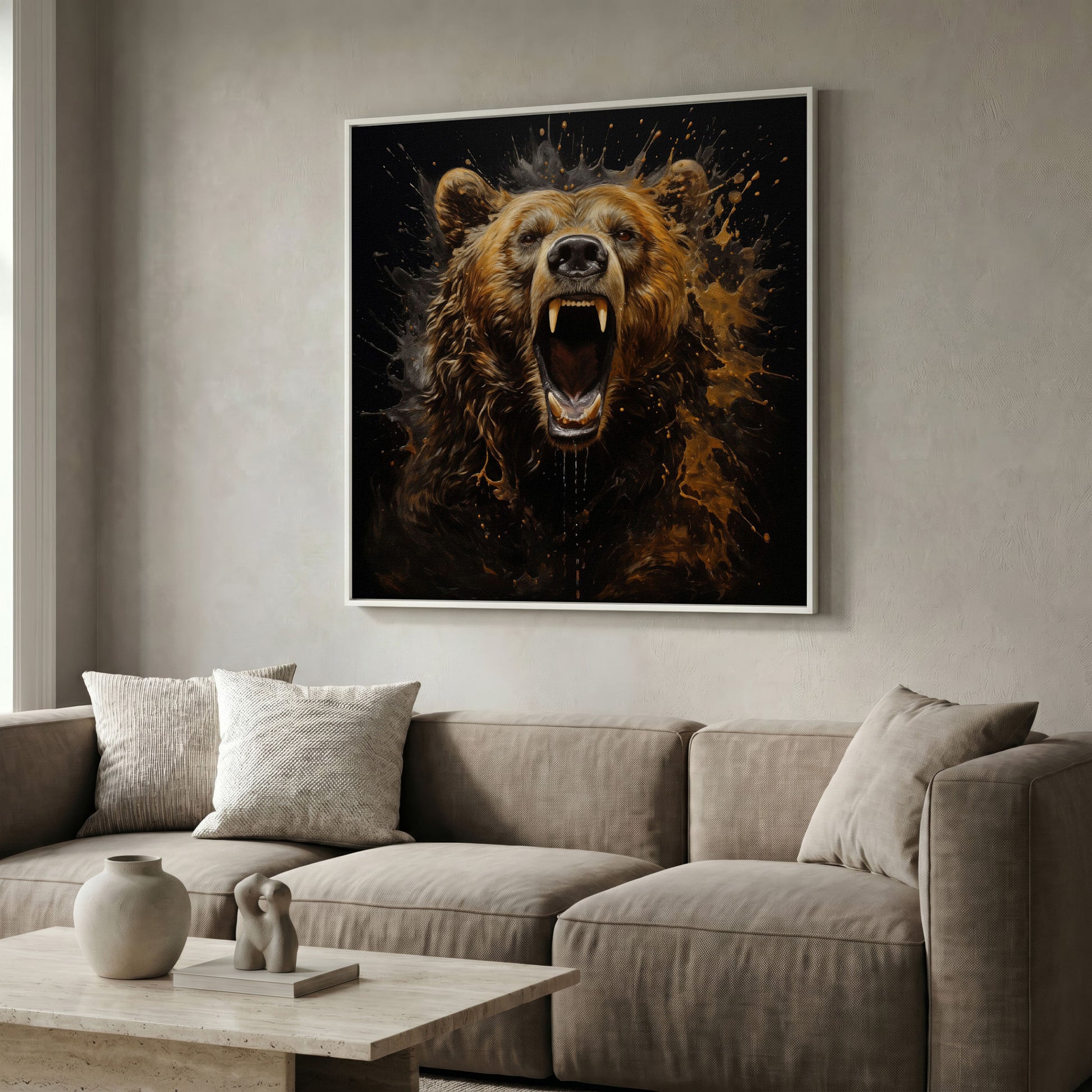 Ferocious Grizzly Roar Canvas in white floating frame