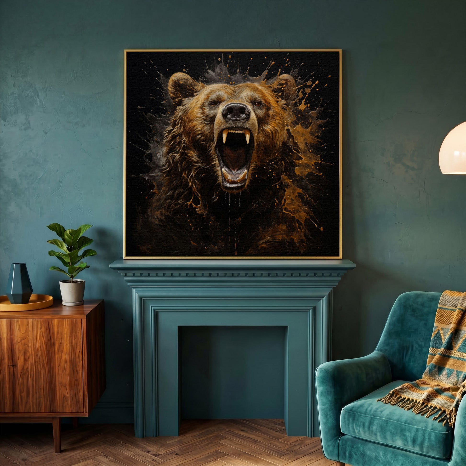 Ferocious Grizzly Roar Canvas in yellow gold floating frame