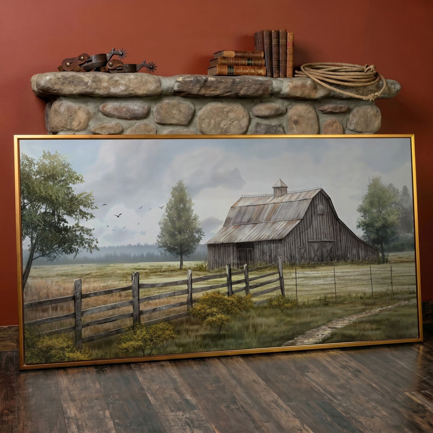 Rural Wooden Barn Canvas Wall Art in antique gold floating frame