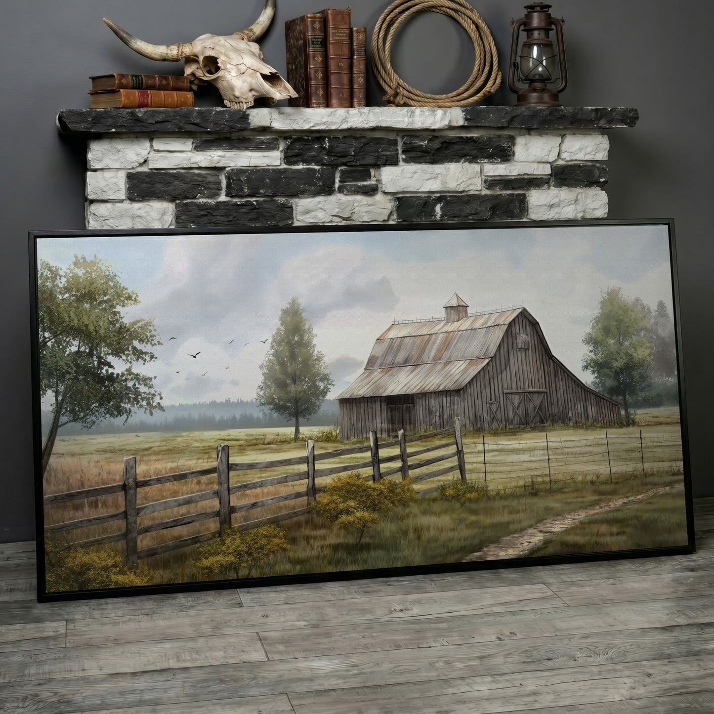 Rural Wooden Barn Canvas Wall Art in black floating frame